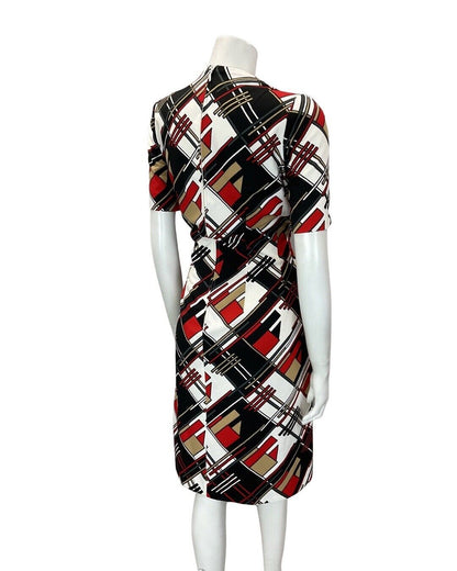 VINTAGE 60s 70s BLACK WHITE RED GEOMETRIC CHECKED MOD FIT & FLARE DRESS 10 12