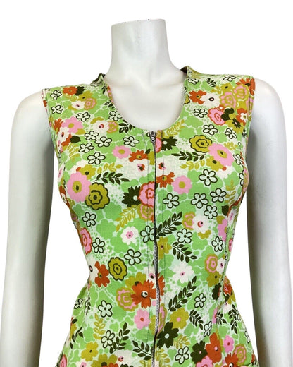 VINTAGE 60s 70s GREEN PINK WHITE FLORAL PSYCHEDELIC ZIP-UP MOD DRESS 12