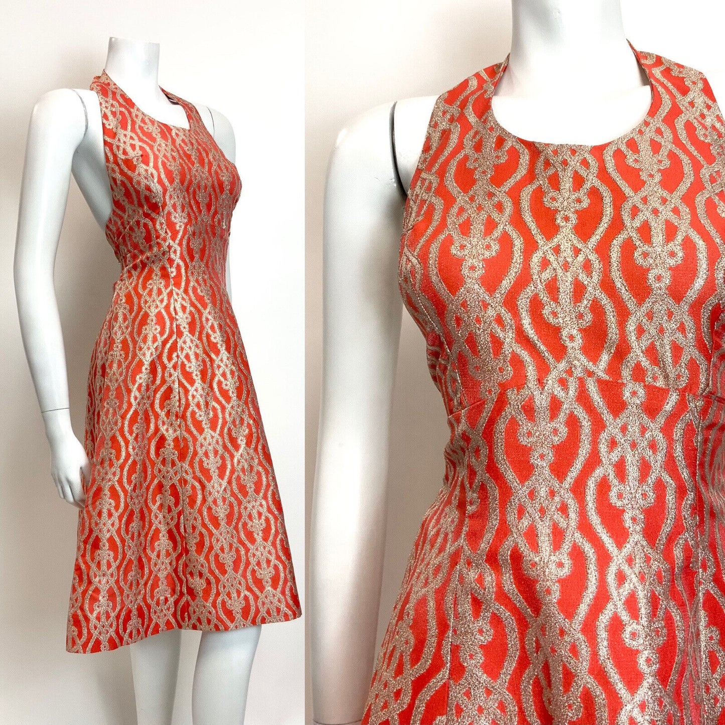VINTAGE 60s 70s ORANGE GOLD PSYCHEDELIC TRELLIS DISCO STUDIO 54 HALTER DRESS 8