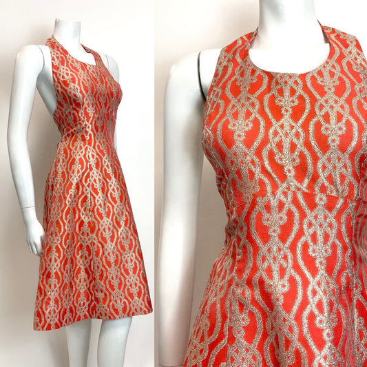 VINTAGE 60s 70s ORANGE GOLD PSYCHEDELIC TRELLIS DISCO STUDIO 54 HALTER DRESS 8