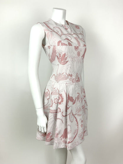 VINTAGE 60s 70s PINK WHITE SILVER LUREX FLORAL SWIRL SLEEVELESS PLEATED DRESS 10