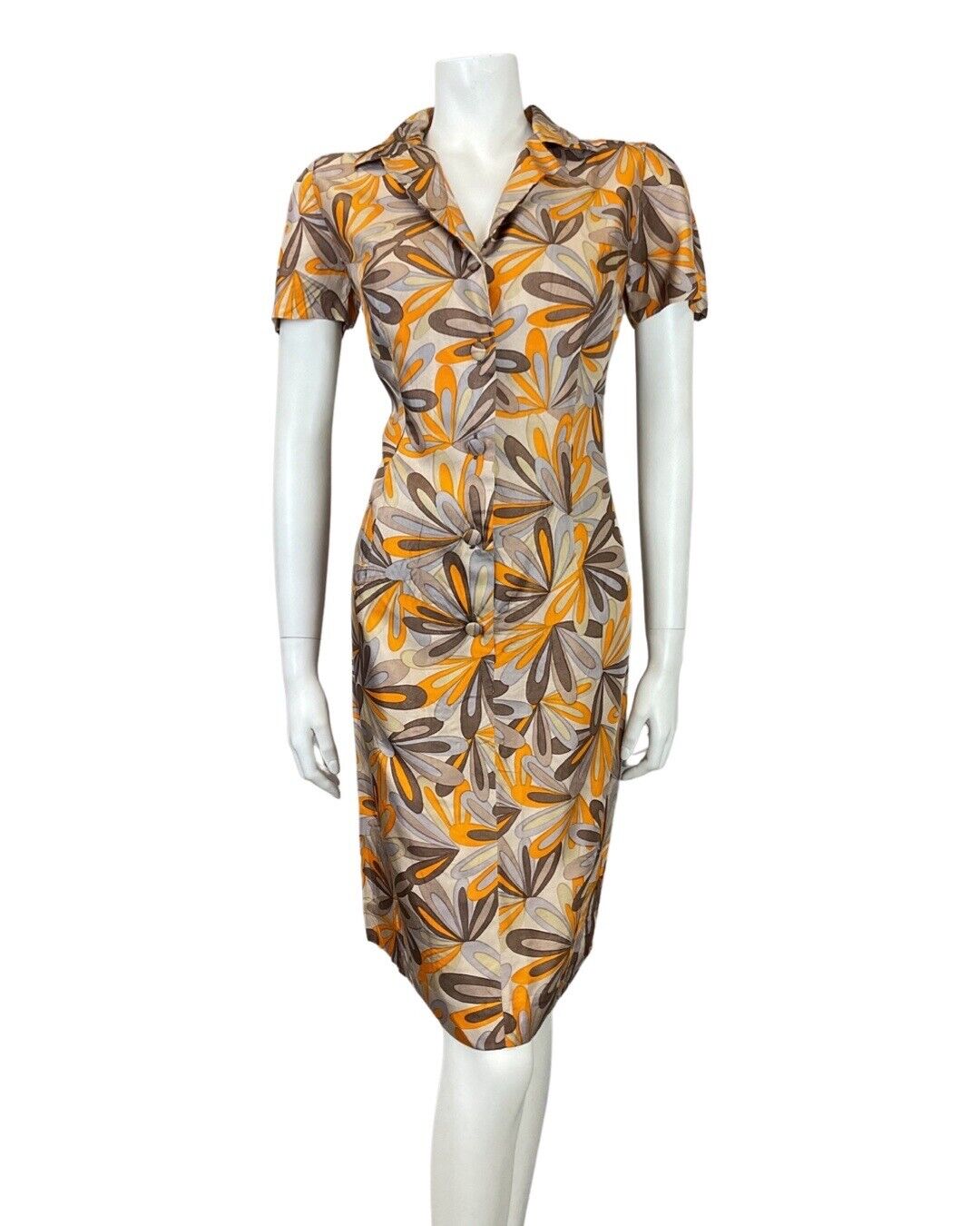 VINTAGE 60s 70s BROWN ORANGE BEIGE PSYCHEDELIC FLORAL SHIRT DRESS 12 14