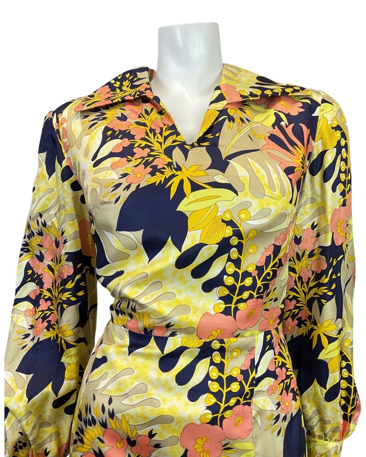 VINTAGE 60s 70s YELLOW BLUE BEIGE PSYCHEDELIC FLORAL PALM LEAF SHIRT DRESS 16