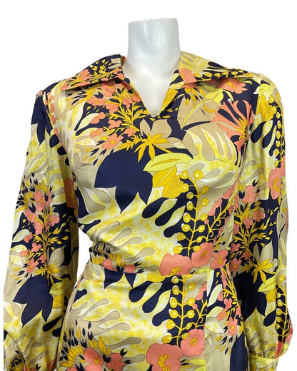 VINTAGE 60s 70s YELLOW BLUE BEIGE PSYCHEDELIC FLORAL PALM LEAF SHIRT DRESS 16