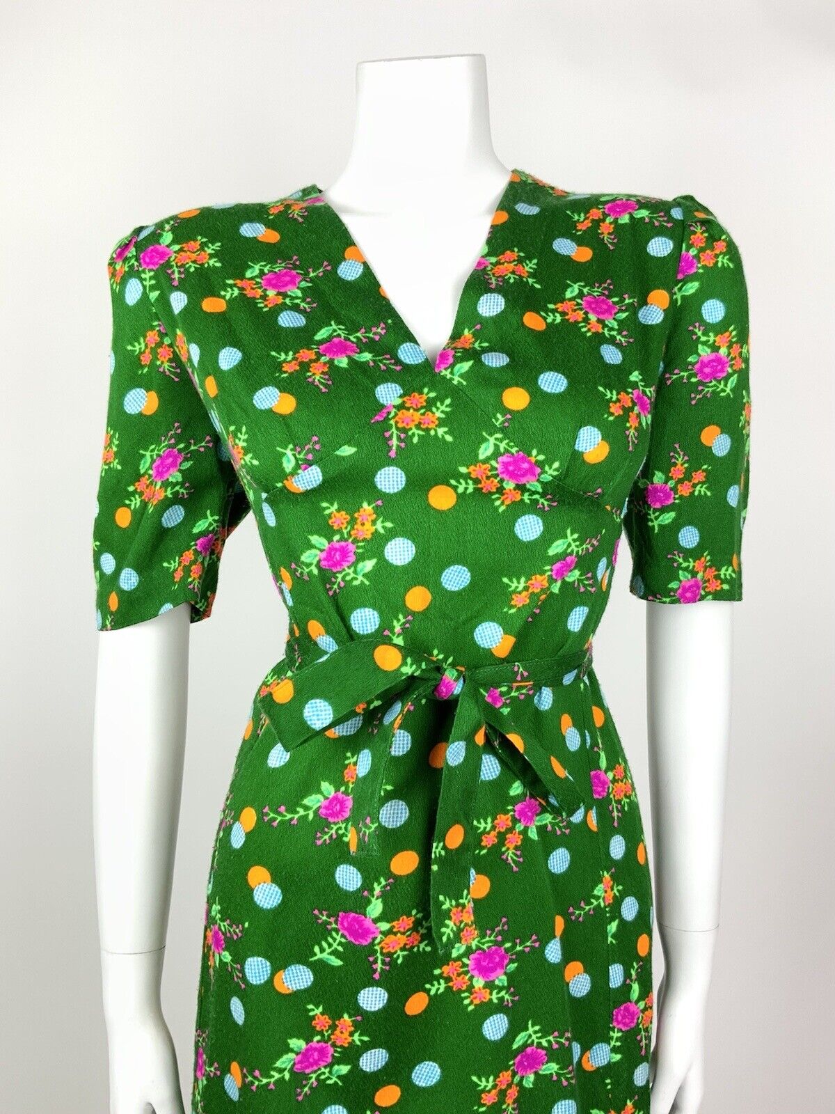 VINTAGE 60s 70s GREEN PINK ORANGE BLUE DOTTY FLORAL BELTED DRESS 14 16