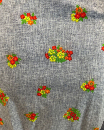 VINTAGE 60s 70s BLUE RED YELLOW FLOWER BOUQUET APRON PINAFORE DRESS 8