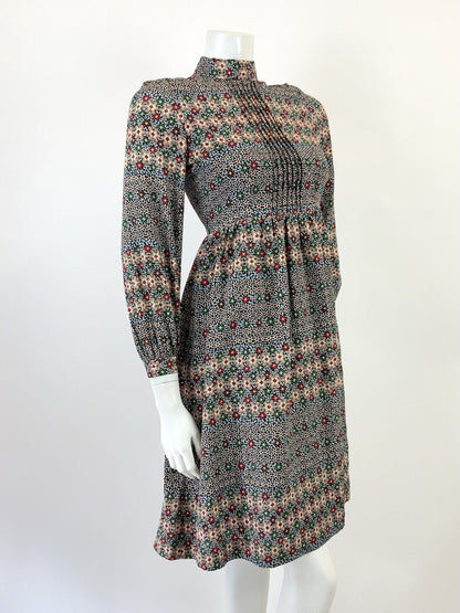 VINTAGE 60s 70s BLUE CREAM RED BLACK PSYCHEDELIC FLORAL DITSY SWING DRESS 8