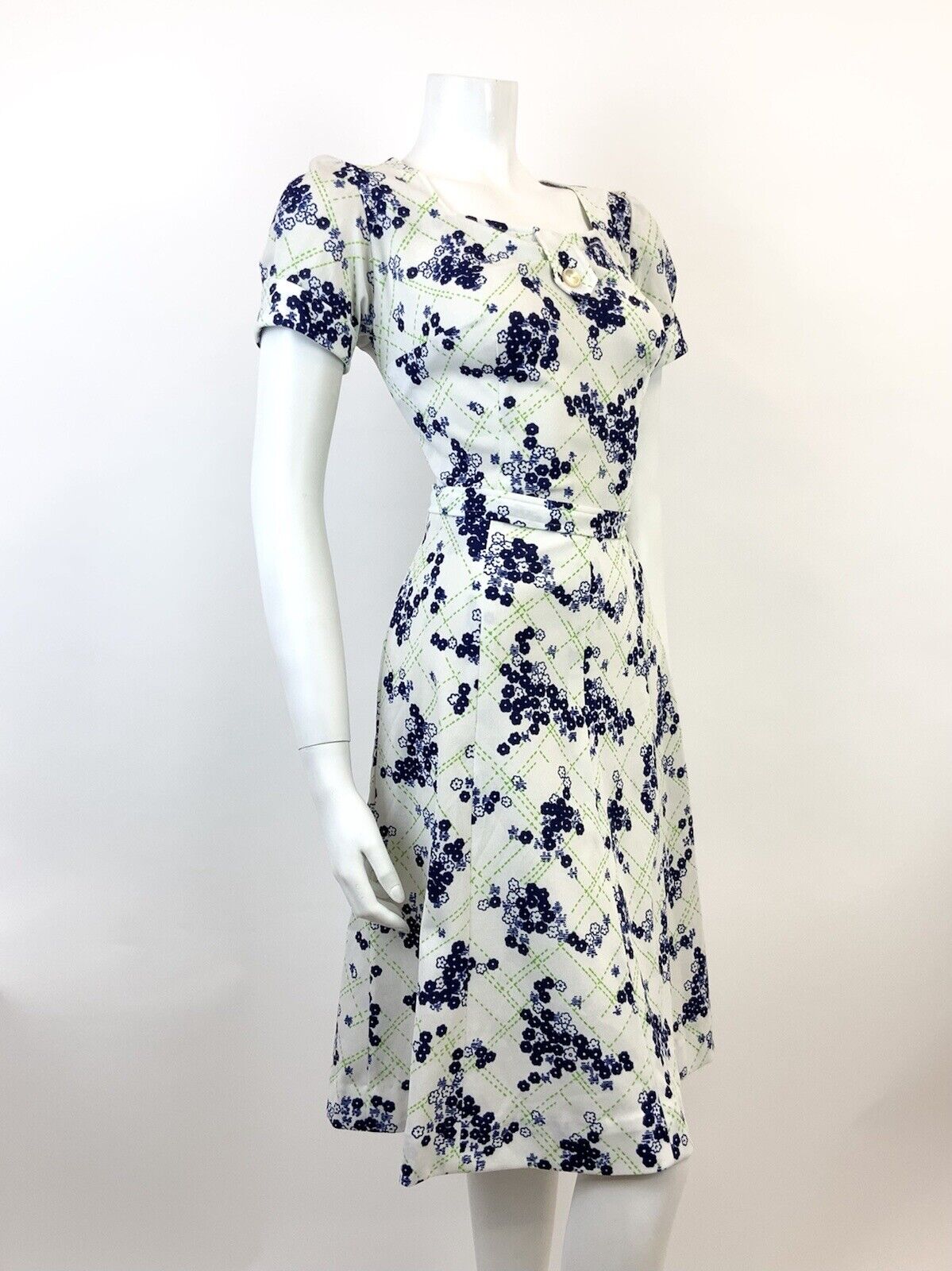 VINTAGE 60s 70s WHITE GREEN BLUE CHECKED FLORAL DITSY PUFF SLEEVE DRESS 12 14