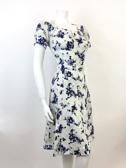 VINTAGE 60s 70s WHITE GREEN BLUE CHECKED FLORAL DITSY PUFF SLEEVE DRESS 12 14