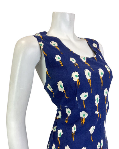 VINTAGE 60s 70s BLUE WHITE GREEN FLORAL ABSTRACT SLEEVELESS SUMMER DRESS 16 18