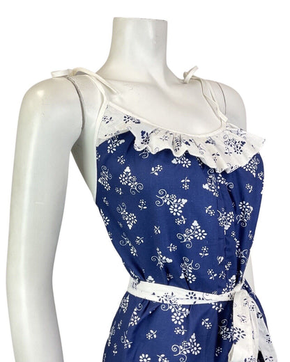 VINTAGE 70s BLUE WHITE FLORAL GRAPE VINE BOHO PRAIRIE SUMMER SUN-DRESS 18 20