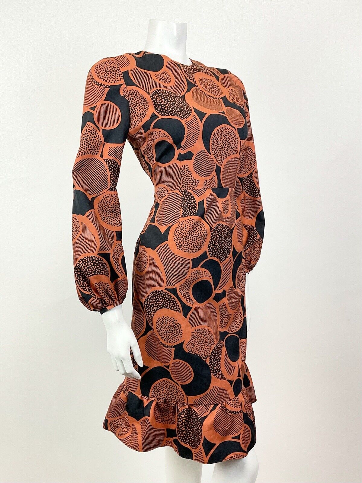 VINTAGE 60s 70s BURNT ORANGE BLACK PSYCHEDELIC CIRCLE MOD RUFFLE DRESS 8