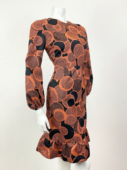 VINTAGE 60s 70s BURNT ORANGE BLACK PSYCHEDELIC CIRCLE MOD RUFFLE DRESS 8
