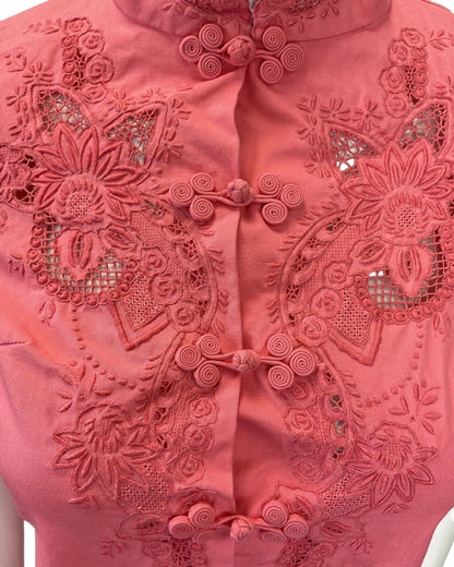 VTG 60s STYLE 90s CORAL PINK FLORAL EMBROIDERED CHEONGSAM QIPAO SHORT DRESS 8