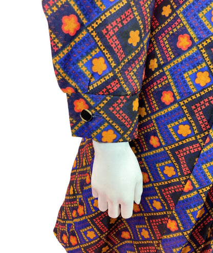 VTG 60s 70s BLUE YELLOW RED FLORAL DAISY CHECKED MOD DAGGER SHIRT DRESS 14 16