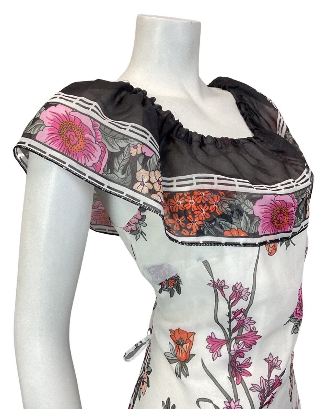 VINTAGE 60s 70s WHITE BLACK PINK FLORAL GARDEN RUFFLED SUMMER DRESS 10 12