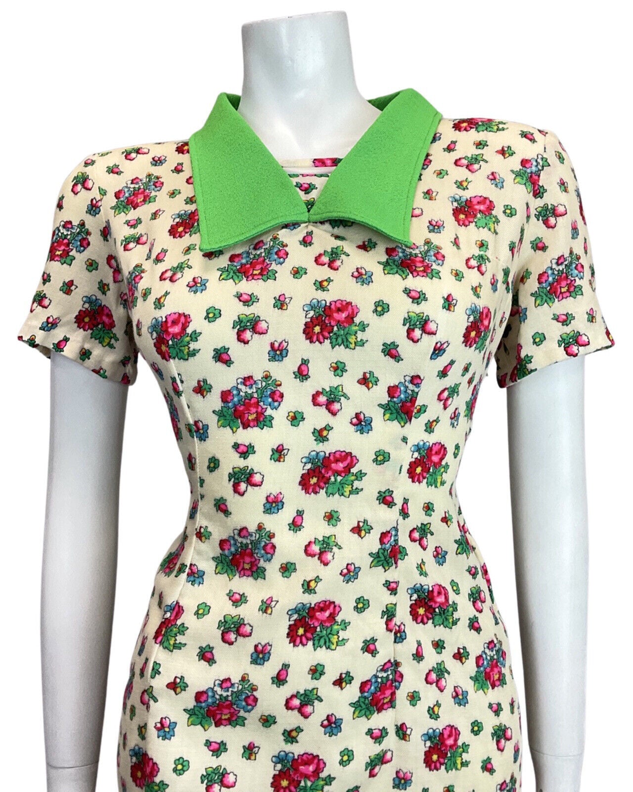 VTG 60s 70s CREAM GREEN RED PINK FLOWER DITSY CHELSEA COLLAR WIGGLE DRESS 12 14
