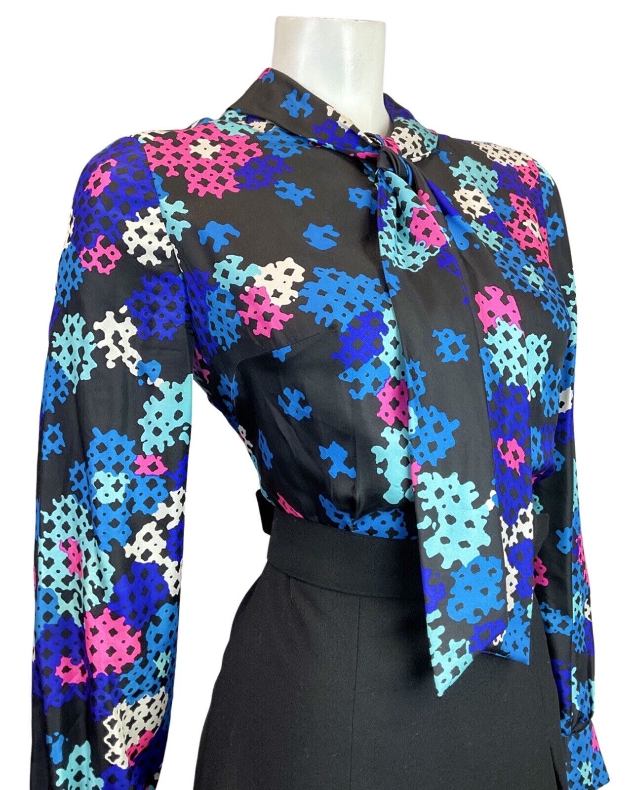 VINTAGE 60s 70s BLACK BLUE PINK GEOMETRIC BELTED PUSSYBOW SHIRT DRESS 12 14