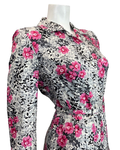 VINTAGE 60s 70s SILVER GREY PINK LEAFY FLORAL BELTED SWING SHIRT DRESS 12 14