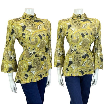 VTG 60S GOLD BLACK WHITE LUREX GLITTERY FLARE SLEEVE RUCHED COLLAR BLOUSE 8