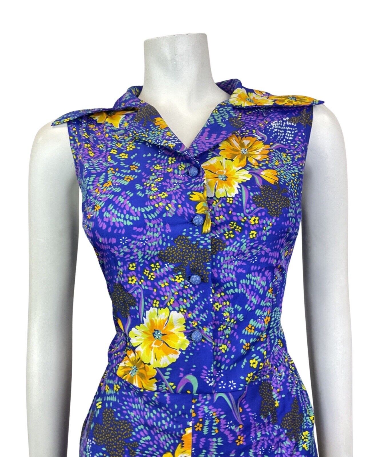 VINTAGE 60s 70s BLUE PURPLE YELLOW FLORAL DAGGER COLLAR SHIRT DRESS 12 14