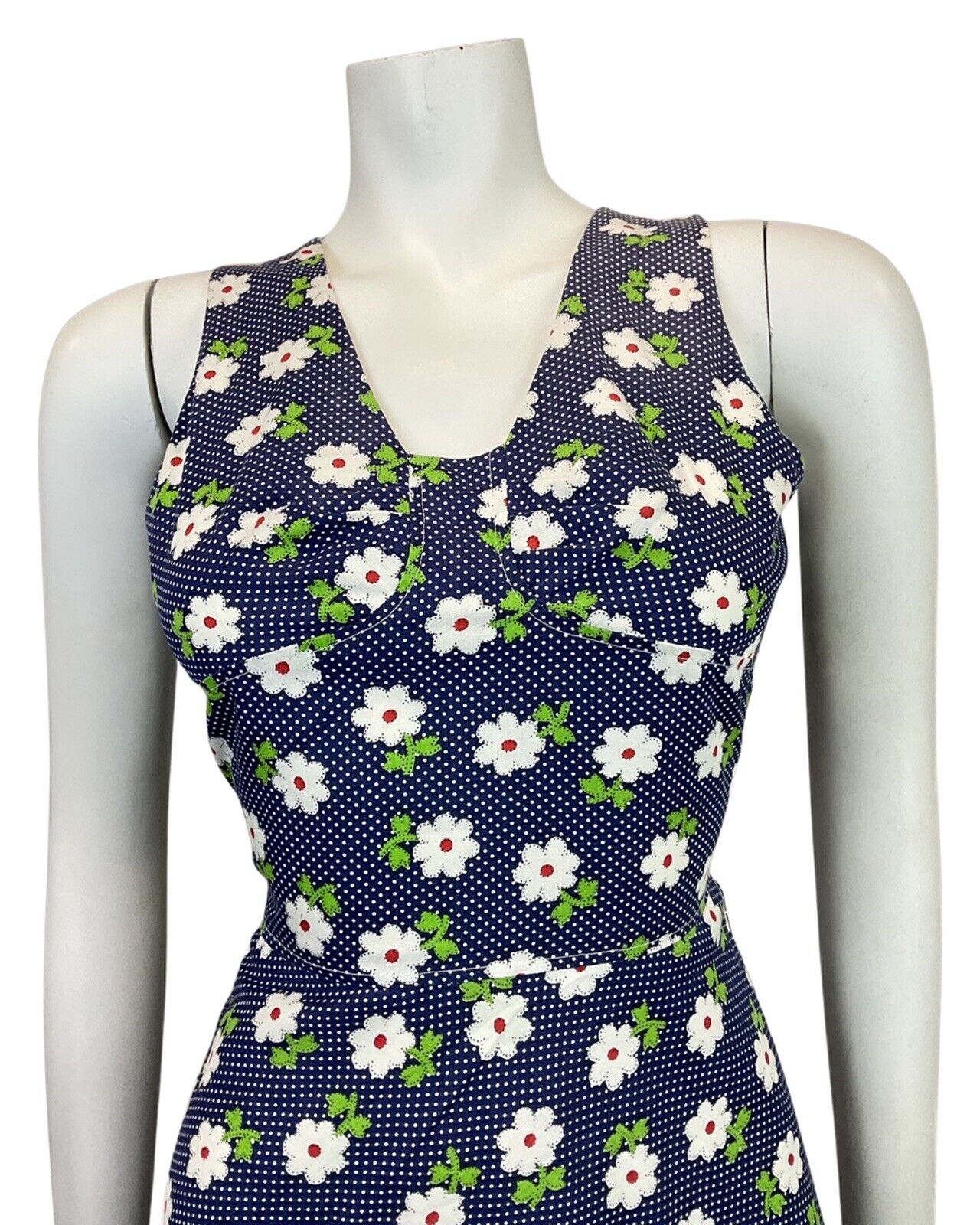 VINTAGE 60s 70s BLUE WHITE RED POLKA-DOT DAISY FLOWER SUMMER SWING DRESS 8 10
