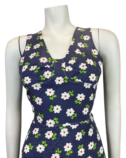 VINTAGE 60s 70s BLUE WHITE RED POLKA-DOT DAISY FLOWER SUMMER SWING DRESS 8 10