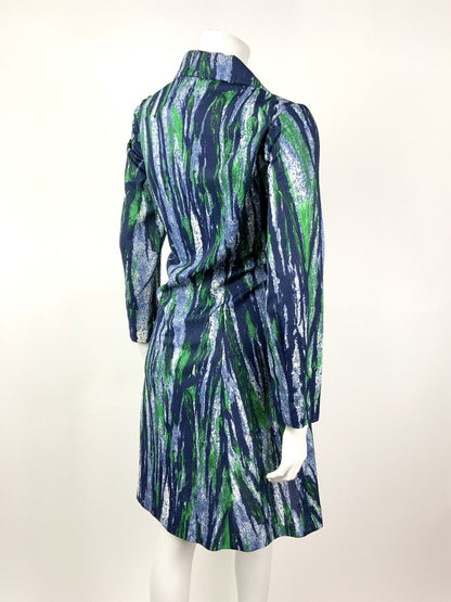 VINTAGE 60s 70s BLUE GREEN WHITE BRUSH STROKE DAGGER COLLAR SHIRT DRESS 12 14
