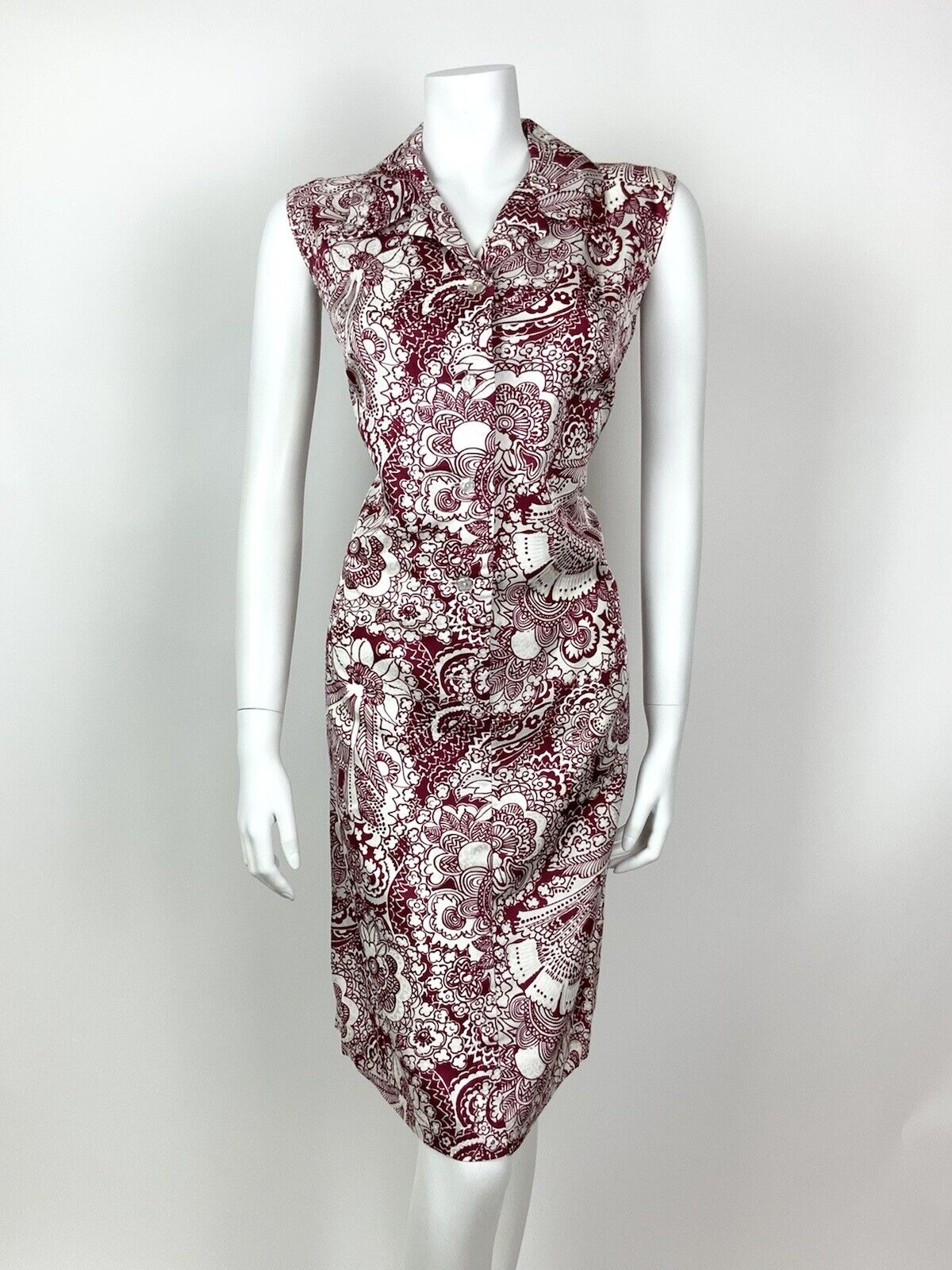 VINTAGE 60s 70s WINE RED WHITE PSYCHEDELIC FLORAL PAISLEY BATIK SHIRT DRESS 12 1