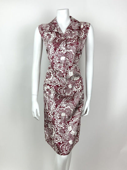 VINTAGE 60s 70s WINE RED WHITE PSYCHEDELIC FLORAL PAISLEY BATIK SHIRT DRESS 12 1