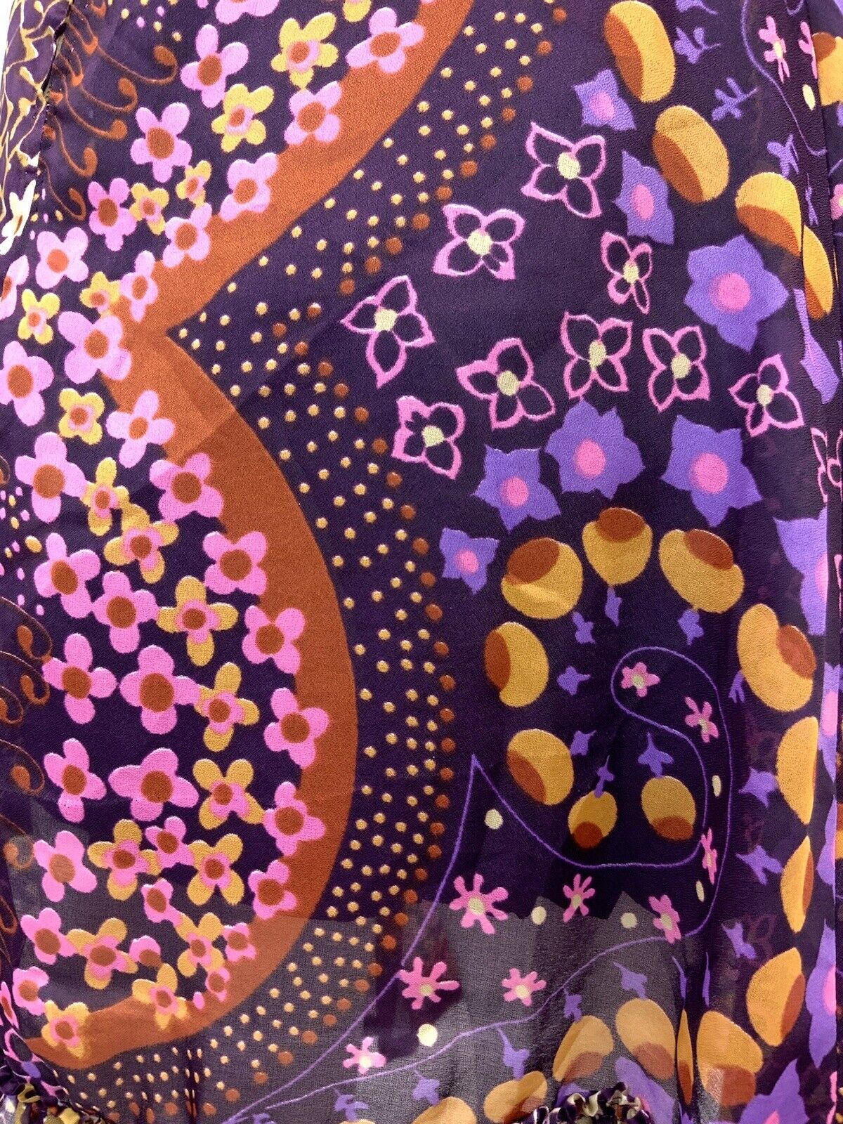 VINTAGE 60s 70s PURPLE PINK CREAM PSYCHEDELIC FLORAL SHEER MOD DRESS 10