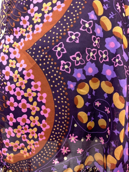 VINTAGE 60s 70s PURPLE PINK CREAM PSYCHEDELIC FLORAL SHEER MOD DRESS 10