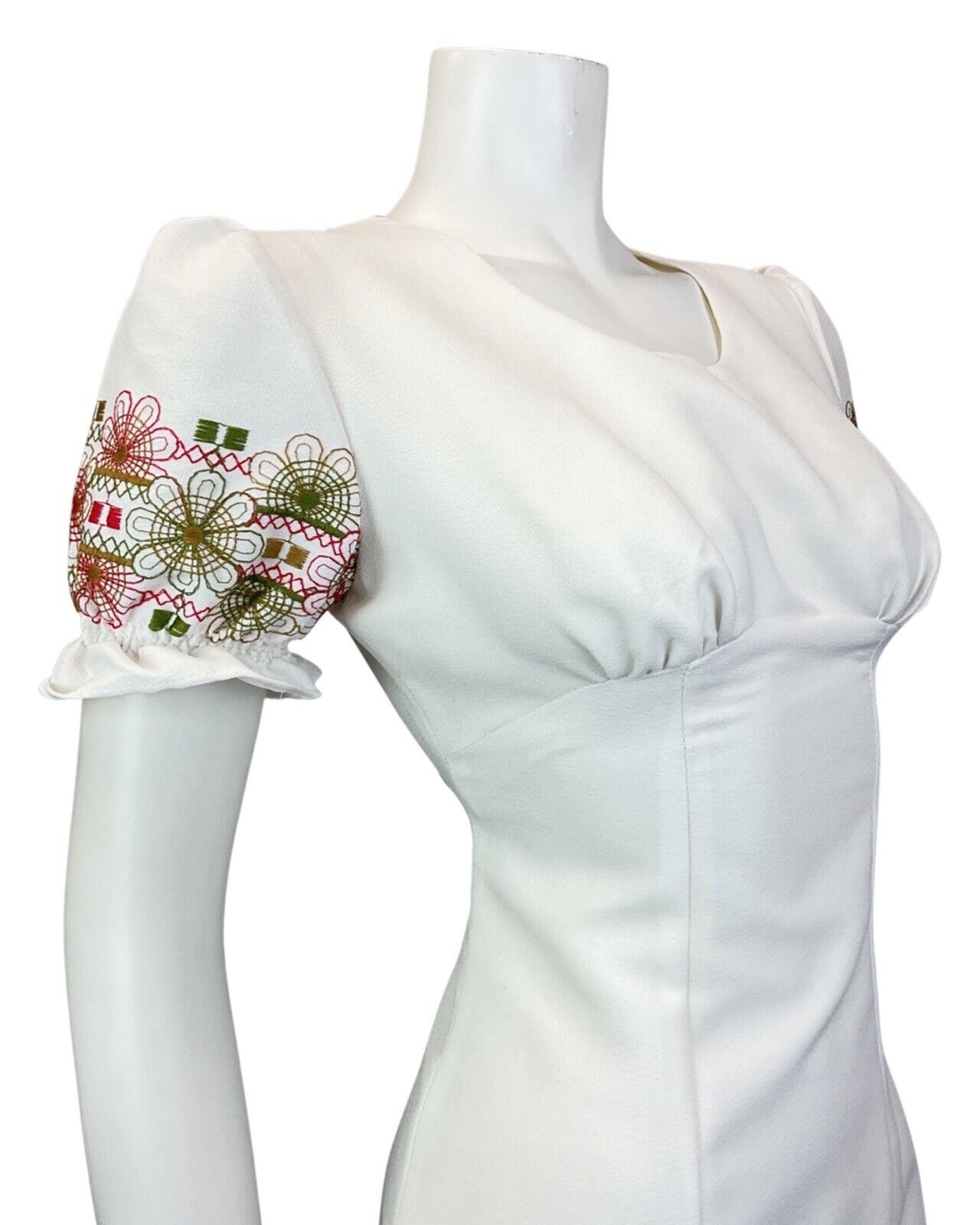 VINTAGE 60s 70s WHITE RED GREEN EMBROIDERED FLORAL PUFF SLEEVE MOD DRESS 8 10