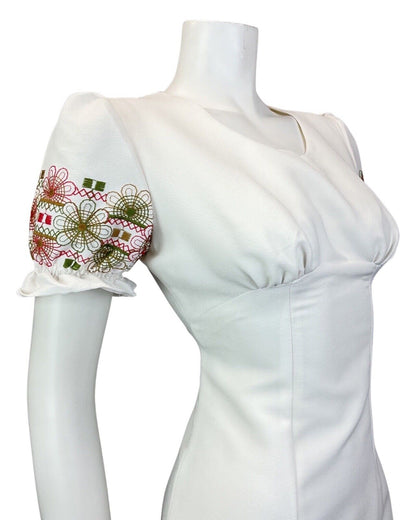 VINTAGE 60s 70s WHITE RED GREEN EMBROIDERED FLORAL PUFF SLEEVE MOD DRESS 8 10