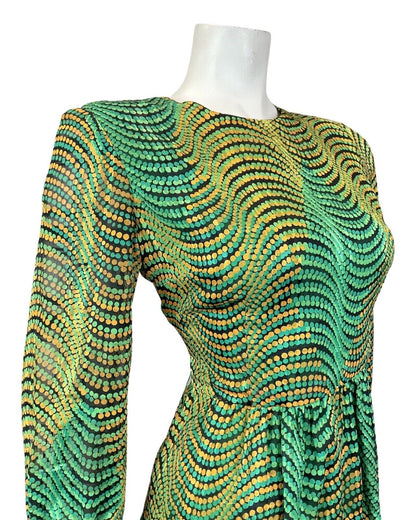 VINTAGE 60s 70s GREEN GOLD BLACK PSYCHEDELIC WAVY DOTTY SWING DRESS 10