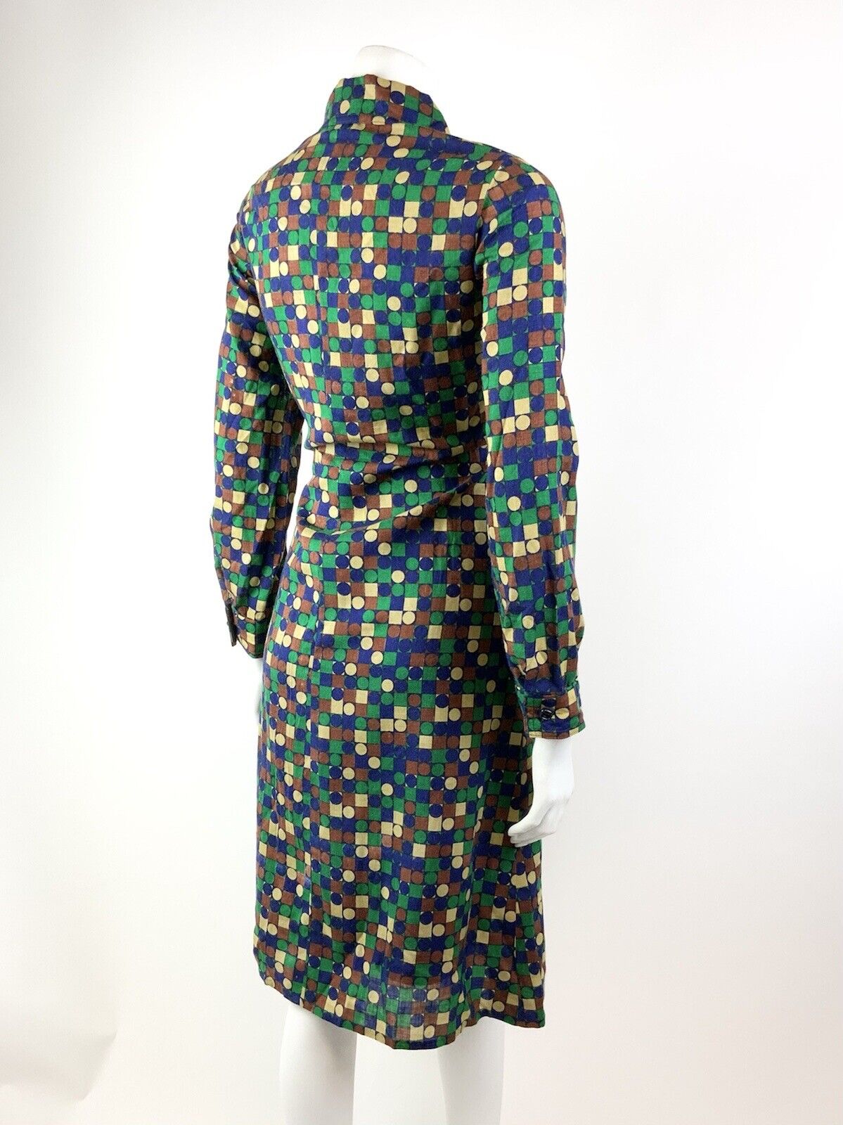 VINTAGE 60s 70s GREEN BLUE BROWN GEOMETRIC CHECKED DOTTY DAGGER SHIRT DRESS 12