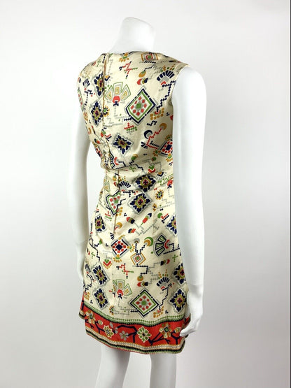 VINTAGE 60s 70s CREAM BLUE RED GREEN AZTEC FLORAL GEOMETRIC MOD DRESS 12 14