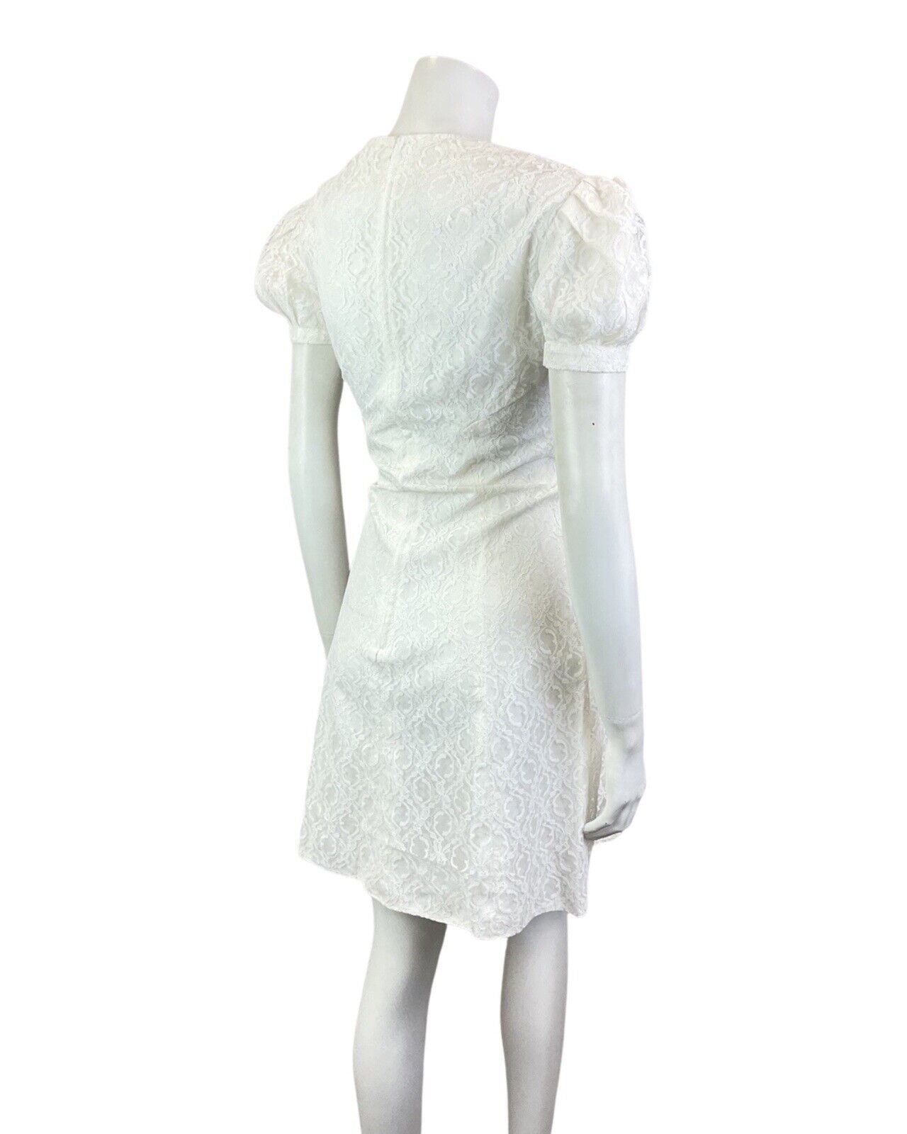 VINTAGE 60s 70s WHITE FLORAL ROSE LACE MOD PUFF SLEEVE SHORT DRESS 8 10