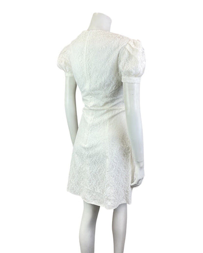 VINTAGE 60s 70s WHITE FLORAL ROSE LACE MOD PUFF SLEEVE SHORT DRESS 8 10