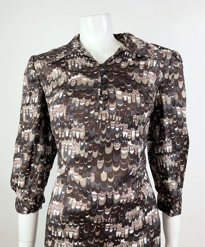 VTG 60s 70s BROWN WHITE SILVER PSYCHEDELIC SCALES SPOON COLLAR SHIRT DRESS 14 16