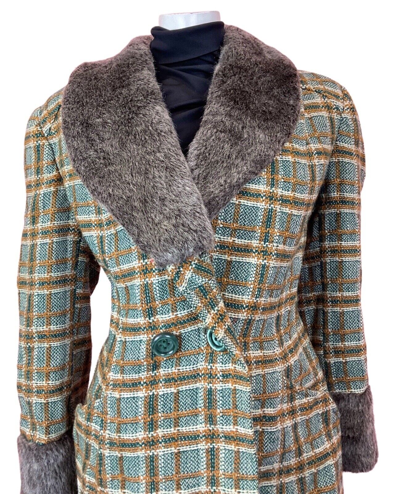 VINTAGE 60s 70s GREEN YELLOW WHITE PLAID CHECKED FAUX FUR MOD WOOL COAT 16 18