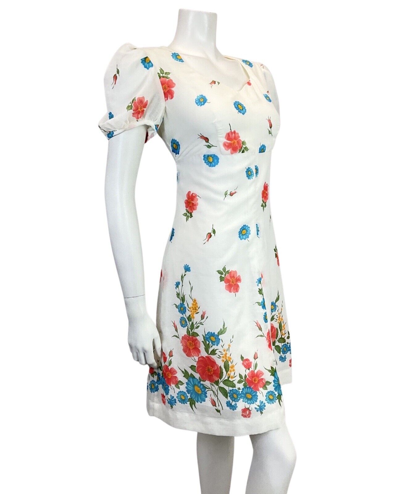 VINTAGE 60s 70s WHITE RED BLUE FLORAL GARDEN SHEER PUFF SLEEVE MOD DRESS 12