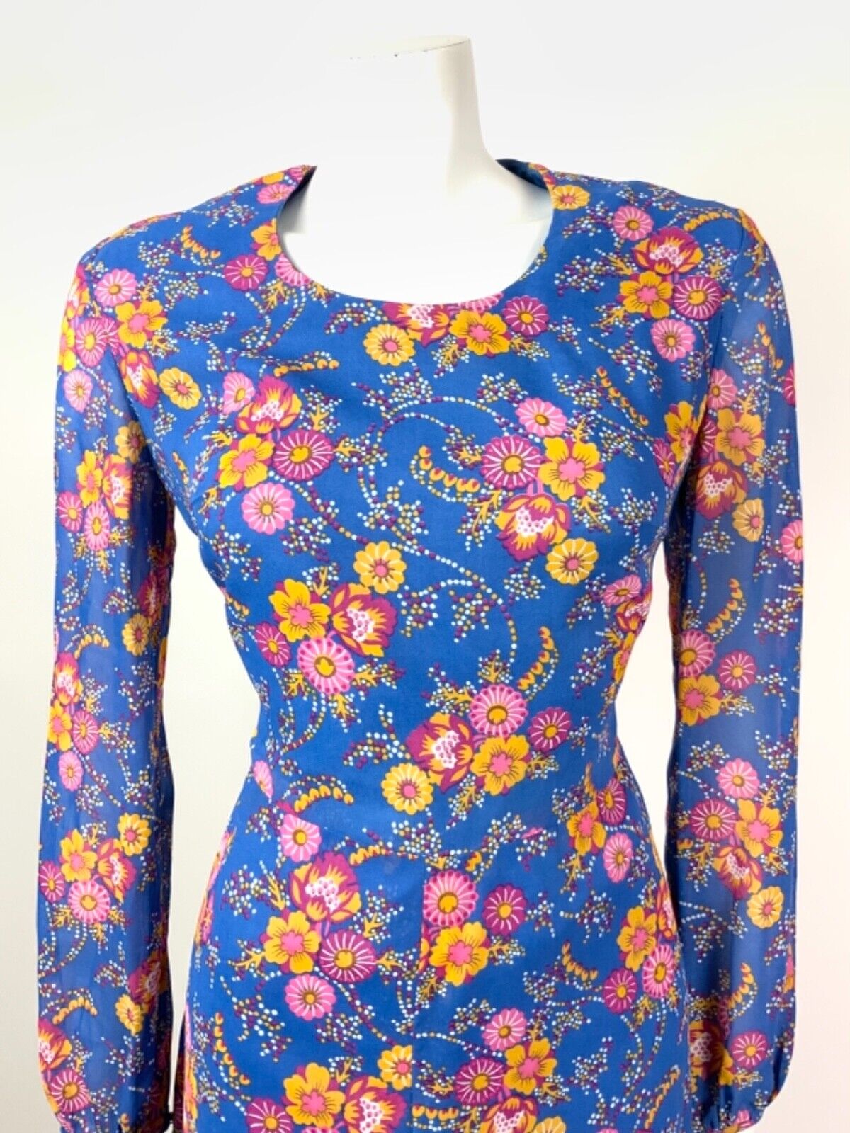 VINTAGE 60s 70s BRIGHT BLUE YELLOW PINK FLORAL DOTTY SHEER DRESS 12