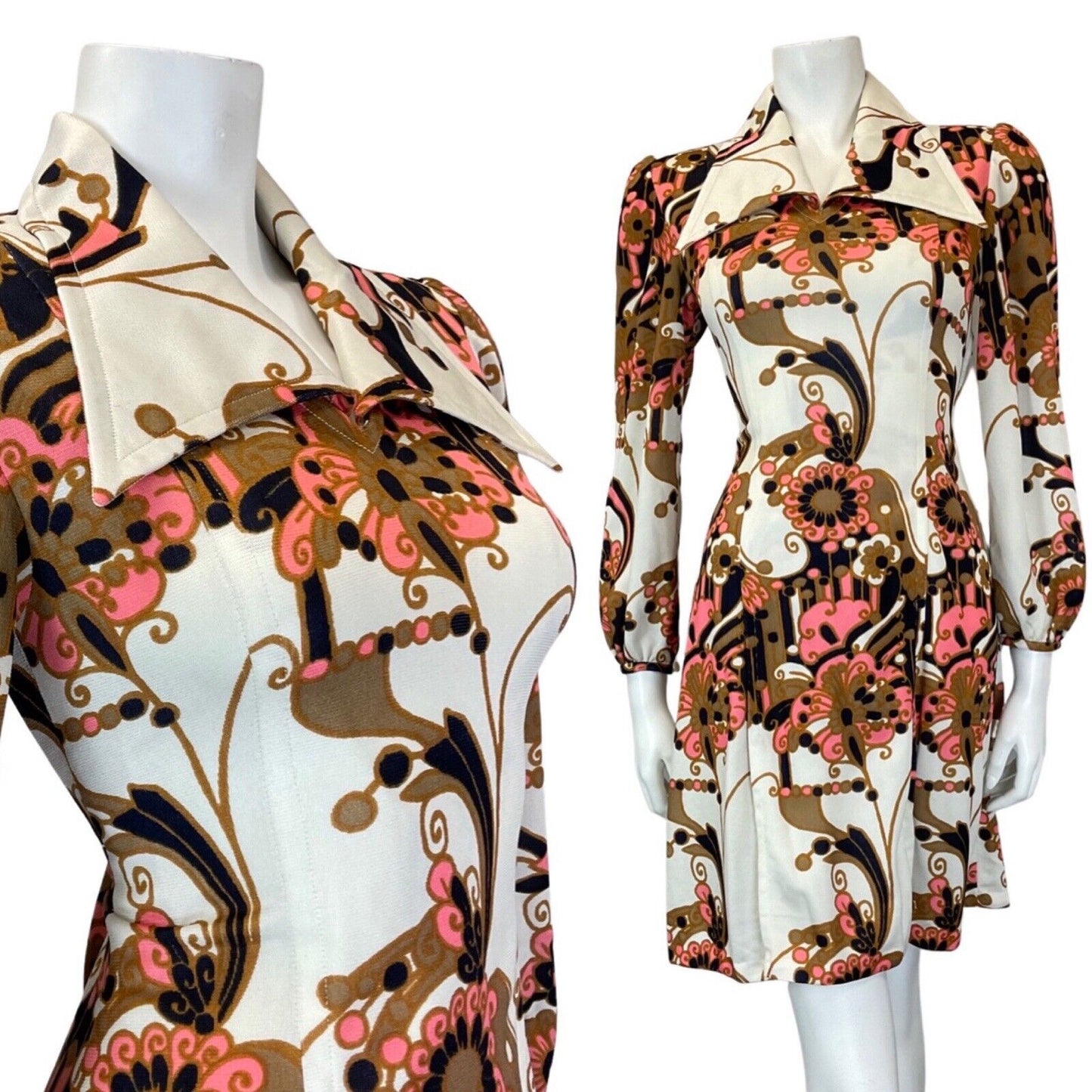 VINTAGE 60s 70s WHITE GOLD BLUE PSYCHEDELIC FLORAL MOD WING COLLAR SHIRT DRESS 8