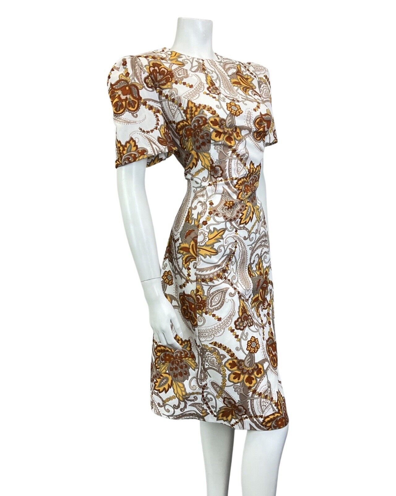 VINTAGE 60s 70s BROWN WHITE YELLOW PSYCHEDELIC PAISLEY FLOWER A-LINE DRESS 14 16