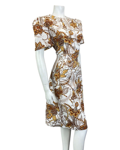 VINTAGE 60s 70s BROWN WHITE YELLOW PSYCHEDELIC PAISLEY FLOWER A-LINE DRESS 14 16