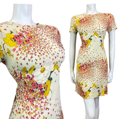 VINTAGE 60s 70s CREAM PINK YELLOW FLORAL PETAL SUMMER SHORT DRESS 8 10