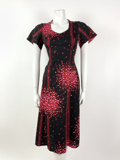 VINTAGE 60s 70s BLACK PINK RED ORANGE DOTTY STRIPE FIT & FLARE DRESS 12 14