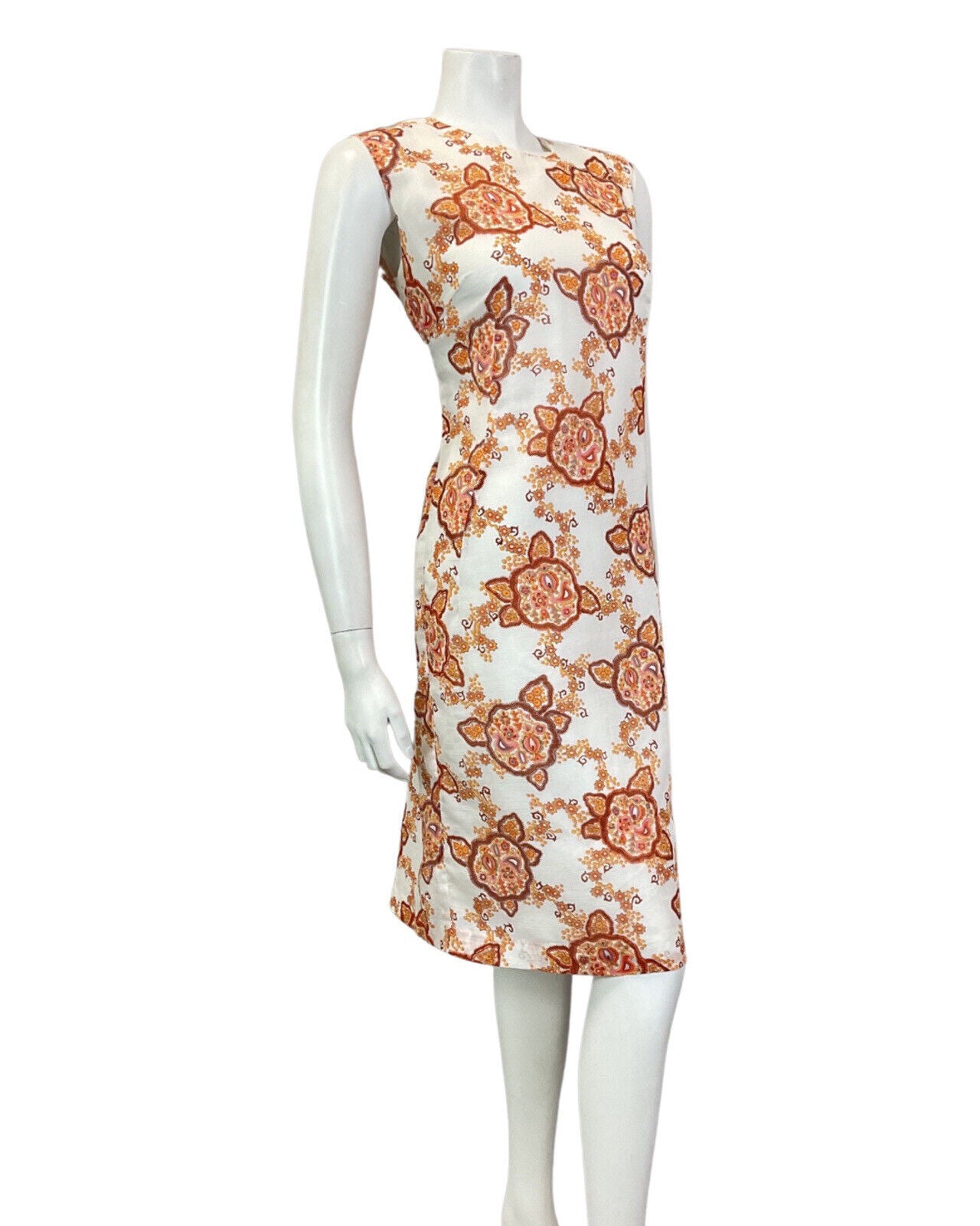 VINTAGE 60s 70s WHITE ORANGE BROWN PAISLEY FLORAL MANDALA SUMMER DRESS 12 14
