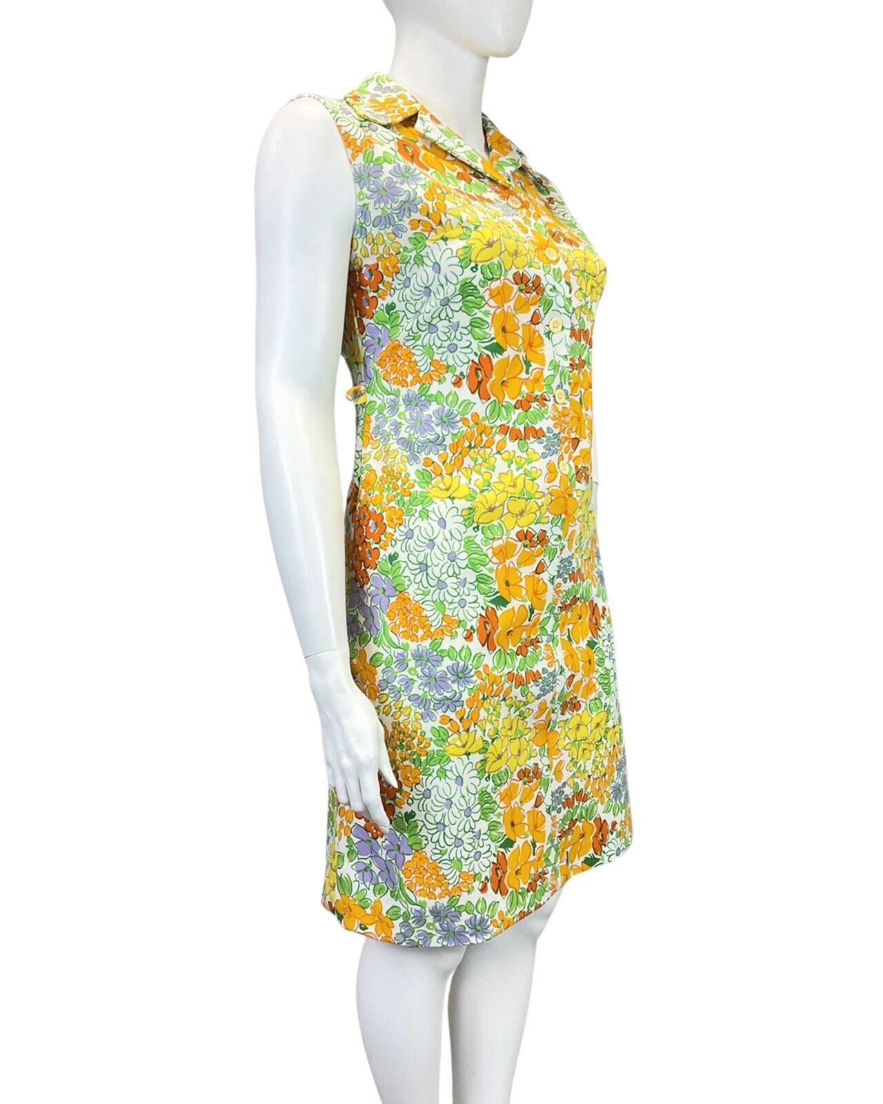VINTAGE 60s 70s WHITE YELLOW ORANGE FLORAL SLEEVELESS DAGGER SHIRT DRESS 16 18